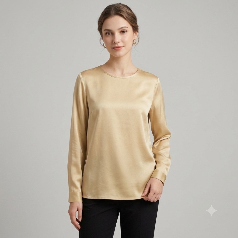 Vintage Capriccio Size 12 Gold Silk Satin Blouse Button‎ Back Long Sleeve Shirt